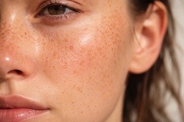 Naklejka premium Close-up of a woman's freckled face highlighting natural skin texture, freckles, and smooth complexion with a soft light source.