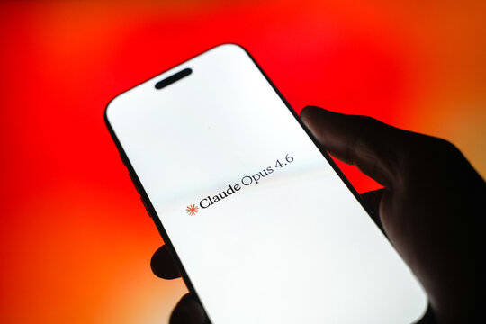 Claude opus logo is displayed on the screen of a smartphone, in Bangalore, India, on May 11, 2026