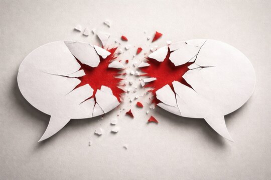 Two white speech bubbles clash and crack, breaking apart to reveal a red area beneath, symbolizing conflict or broken communication.