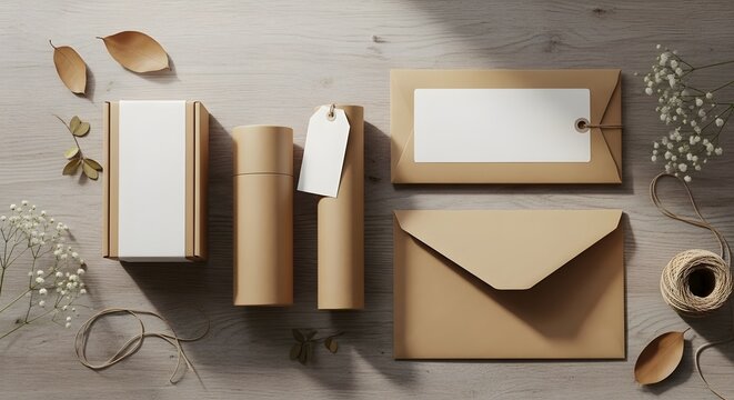 Brown paper packaging and stationery items on a wooden surface with flowers and leaves