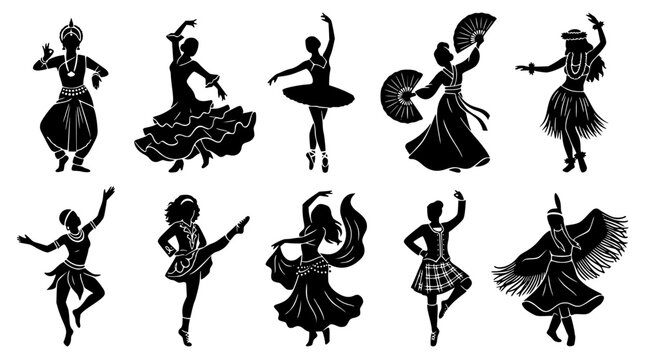Diverse group of dancing figures in flat vector graphic style