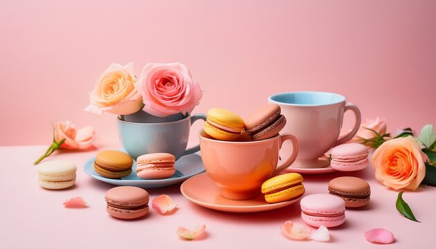 colorful cups and saucers creative composition roses and macarons against pastel pink background tea time snack theme