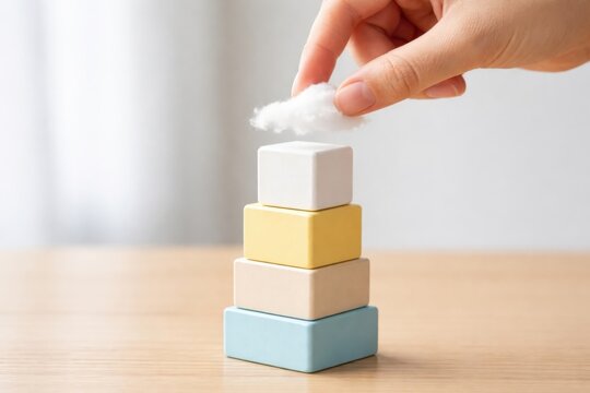 A hand places a cotton ball on top of a stack of pastel-colored wooden blocks arranged by size on a wooden surface.