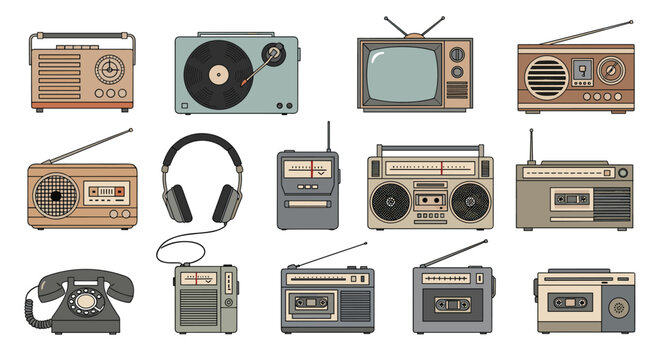Vintage audio and electronic equipment set including old radios a record player classic television headphones and cassette recorders.