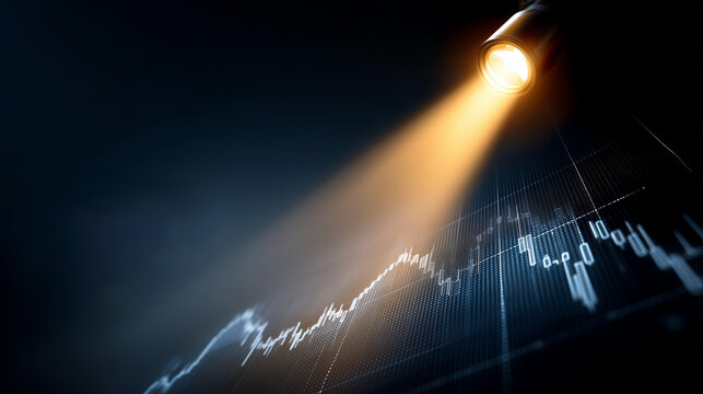 Wide dramatic low-angle shot of a powerful flashlight beam shooting upward from below through a large dark stock market chart panel, beam piercing through a marked breakout point o