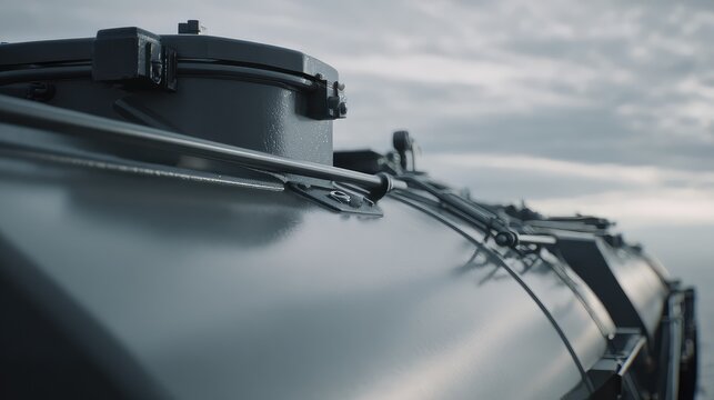 Industrial liquid cargo tank detail, featuring a metallic surface with riveted straps and a latched access hatch, highlighting robust engineering and design against an overcast sky
