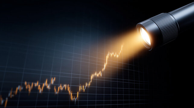 Wide dramatic low-angle shot of a powerful flashlight beam shooting upward from below through a large dark stock market chart panel, beam piercing through a marked breakout point o