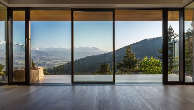 minimalist interior design of a modern house with a large window offering a view of the mountain