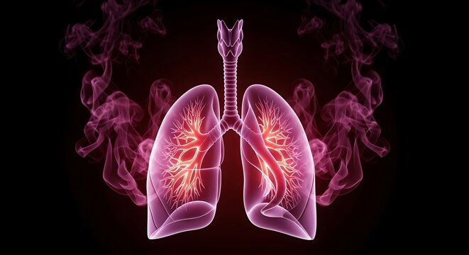 Abstract human respiratory system with glowing lungs and smoke