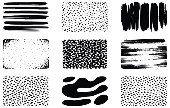 Black Ink Brush Strokes and Grunge Banner Texture Set, Dry Paint Smears, Scribble Lines, Halftone Dots and Splatter Elements Collection Isolated on Transparent Background
