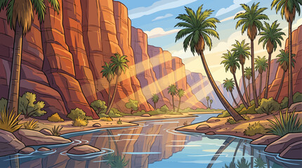 Desert canyon oasis with palm trees and sun rays landscape sunlight tropical vegetation outdoors wilderness geography formation reflection © MSTSUMAIYA