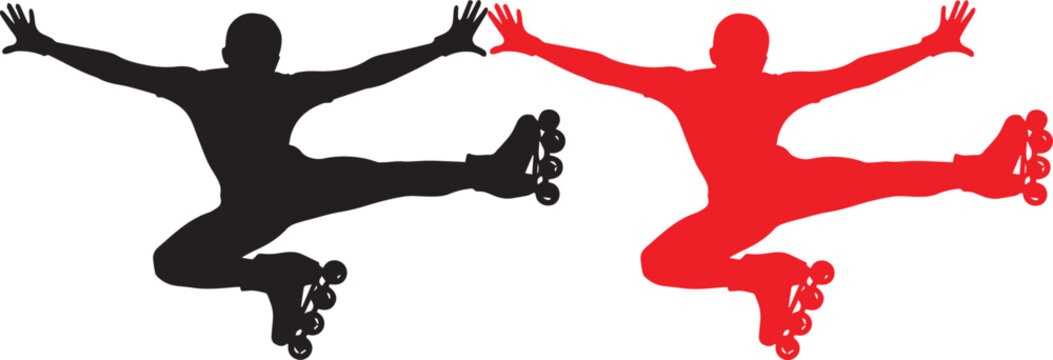 Dynamic roller skating athlete silhouettes in black and red, freestyle extreme sports vector illustration isolated on gray background for fitness branding