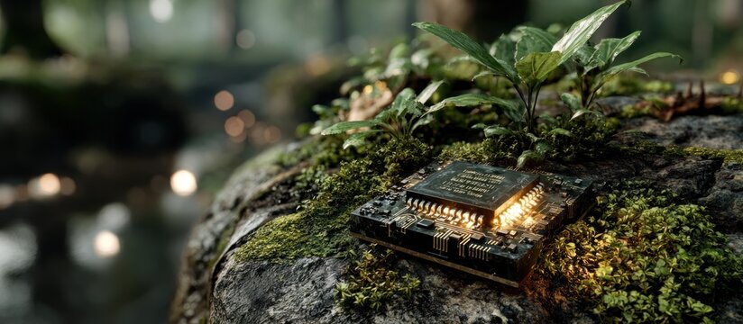 A glowing electronic component rests on a mossy rock in a lush forest setting