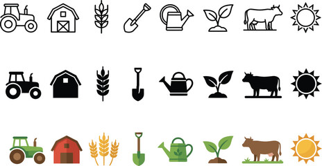 Farm icon set: tractor barn wheat shovel watering can plant cow sun with line art agriculture icons farming icons rural icons country icons agriculture countryside equipment gardening © MST SUMAIYA
