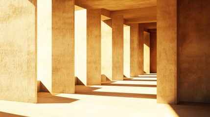 Naklejka premium Abstract concrete architecture featuring a perspective of multiple columns bathed in warm sunlight, casting long, geometric shadows across the floor, creating a minimalist and serene atmosphere