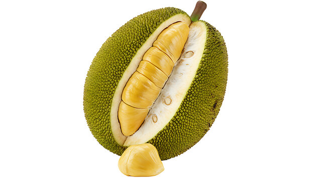 IA generated exotic jackfruit with a cut section showing yellow pods isolated on white background. Realistic tropical fruit with spiky green skin and sweet interior. 3D render illustration.