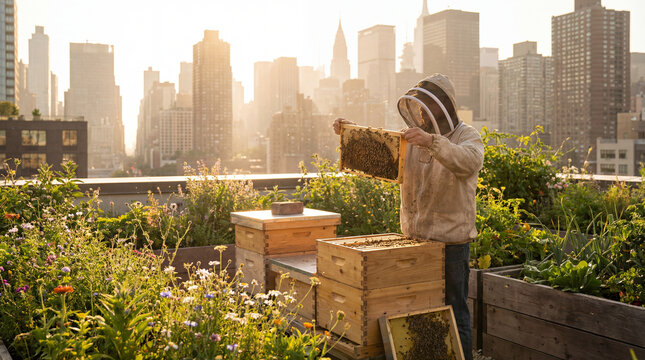 urban beekeeper inspecting honeycomb frames on rooftop garden with city skyline at sunrise showing pollinator conservation local food biodiversity sustainable cities community ecology