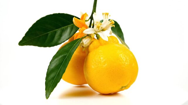 Fresh Dekopon Oranges With Green Leaves And Blossoms Rotating On Isolated White Background