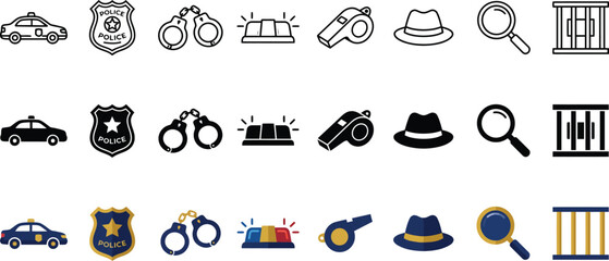 Law enforcement and crime icons set: police car badge handcuffs siren whistle hat magnifying glass jail with enforcement handcuffs magnifying detective investigation security authority criminal © MST SUMAIYA