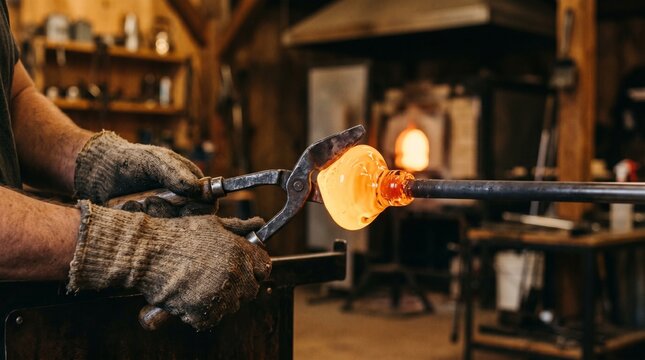 Artisan glassblower using metal tongs to shape molten glowing glass in a traditional workshop studio