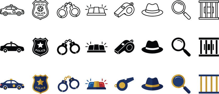 Law enforcement and crime icons set: police car badge handcuffs siren whistle hat magnifying glass jail with enforcement handcuffs magnifying detective investigation security authority criminal