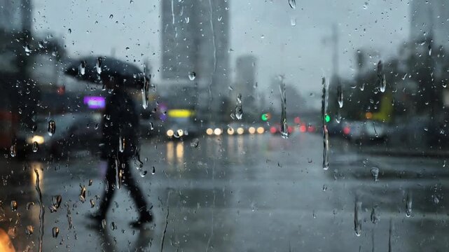 Silhouette of a Man Walking with an Umbrella in the Rain Viewed Through a Window Covered in Water Droplets, Moody Urban Scene