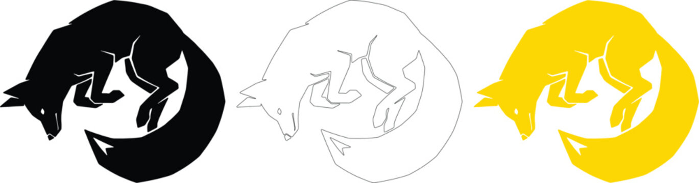Curled Fox Silhouette Vector Set, Sleeping Wild Animal Icons, Black and Yellow Fox Logos