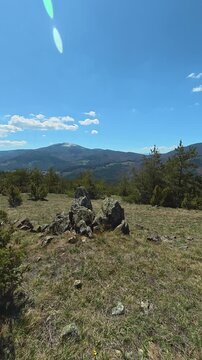 Clear sky above rugged mountain peaks. Ljukten peak, (Balkans, Serbia) Vertical