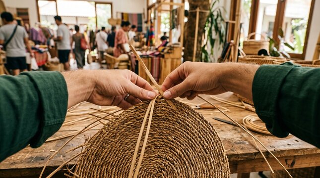Close up first person view of hands weaving a straw basket in a traditional craft workshop with blurred people in the background