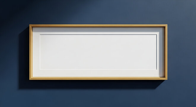 Empty panoramic horizontal wooden picture frame mockup on dark blue wall with horizontal panoramic interior minimalist template