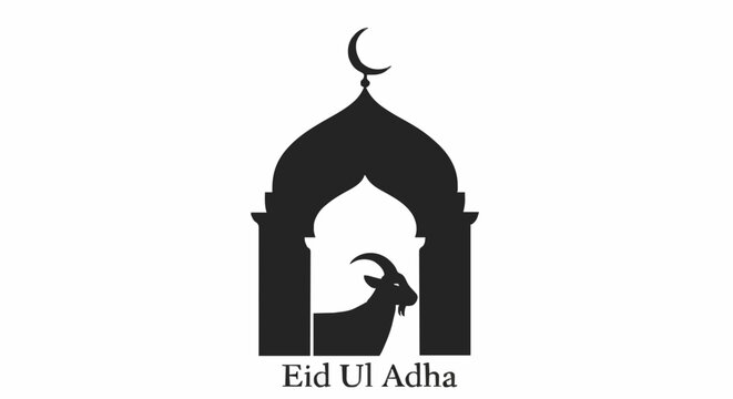 Stylized black silhouette icon of an ornate Islamic archway with a prominent crescent moon and star, framing a goat, symbolizing a significant religious and cultural celebration