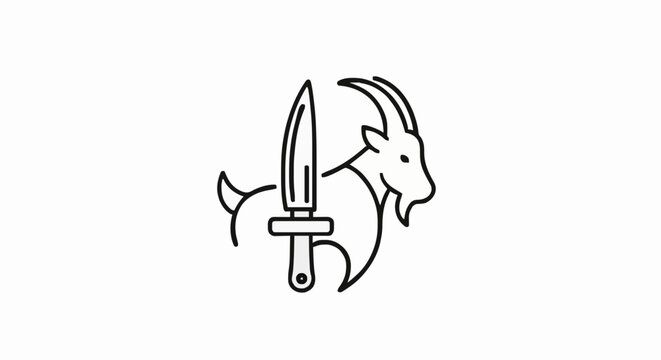A black and white outline illustration of a goat's head with a knife impaled through its neck, creating a striking and memorable logo or icon