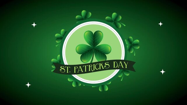 St. patrick's day shamrock emblem with swirling clover leaves and sparkling stars motion background.
