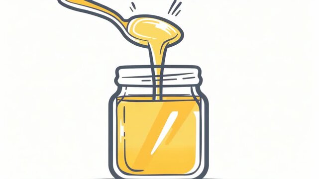 A spoon full of liquid honey being poured into an open mason jar. The scene is depicted in a cartoon style with yellow outlines and shading to show light and shadow.