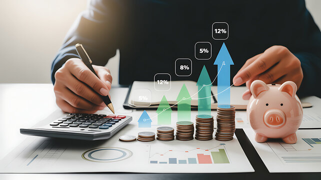 Interest rate and dividend concept, Businessman is calculating income and return on investment in percentage. income, return, retirement, compensation fund, investment, dividend tax, stock market