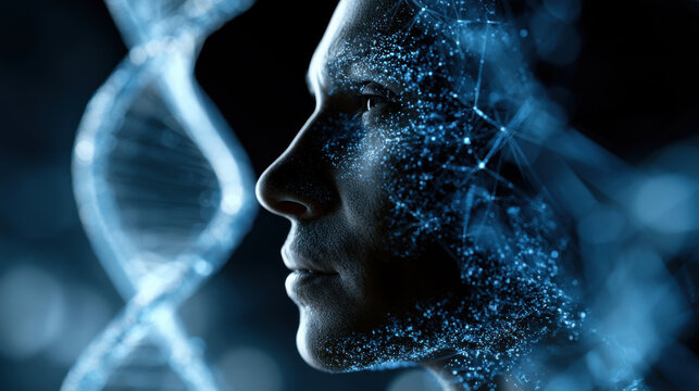 Double exposure helix human face silhouette dna strand digital network artificial intelligence science fiction blue light future technology abstract portrait data visualization innovation concept