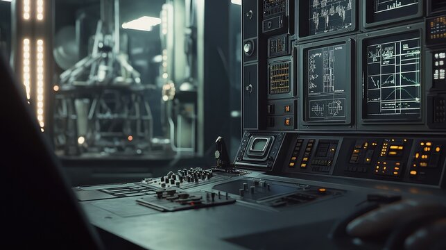 Futuristic command center console with glowing screens displaying data and schematics, operating advanced technology in a high tech environment for surveillance and mission control