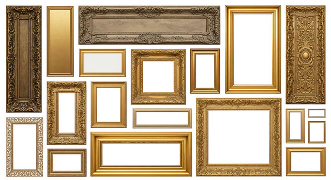 Collection of various vintage ornate golden picture frames with collection decoration classical isolated rectangle framecollection
