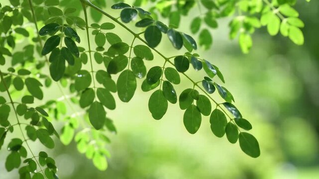 Closeup of Moringa tree leaves with sunlight filtering through.