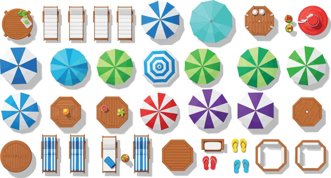 Top view vector illustration of beach furniture set including colorful umbrellas sun loungers tables and summer accessories for resort planning