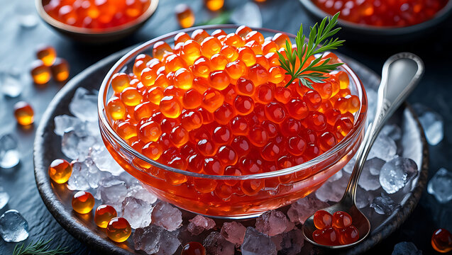 Fresh Red Caviar Roe in Glass Bowl Presentation on Ice Cubes Garnished with Dill Sprig Refined Gourmet Delicacy