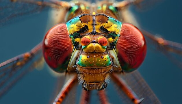 Intricate Macro Portrait Of A Vibrant Dragonfly Head