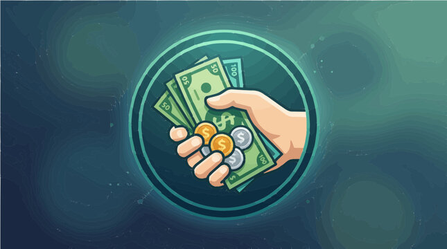 A cartoon-style illustration showing a human hand firmly holding a fan of green dollar banknotes and several gold and silver coins, set inside a circular frame with a glowing teal background. 