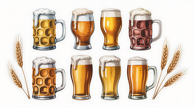 Illustrative Assortment of Beer Glasses and Mugs Representing Different Styles and Craftsmanship Displayed with Wheat Stalks