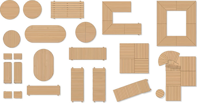 Wooden decking floor plan elements in various geometric shapes for landscape design and architectural planning vector illustration