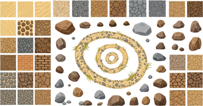 Collection of seamless ground textures and rock assets for game design including sand stone and dirt vector illustration