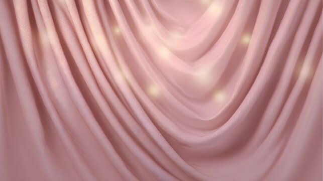 Flowing blush pink and champagne gold drapery illuminated by soft spotlights creating an elegant and ethereal abstract backdrop