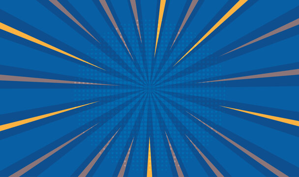 Blue and yellow comic burst background with rays and halftone dots pattern high-quality 