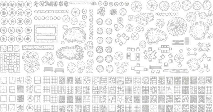 Landscape architecture design symbols set featuring trees furniture ponds and paving patterns for site plan mapping vector illustration