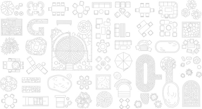 Landscape design symbols and outdoor furniture icons for garden planning and architectural site mapping in top view vector illustration
